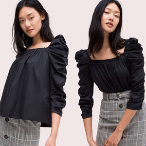 Kate Spade | Black Ruched Puff Sleeve Square-Neck Poplin Blouse Top